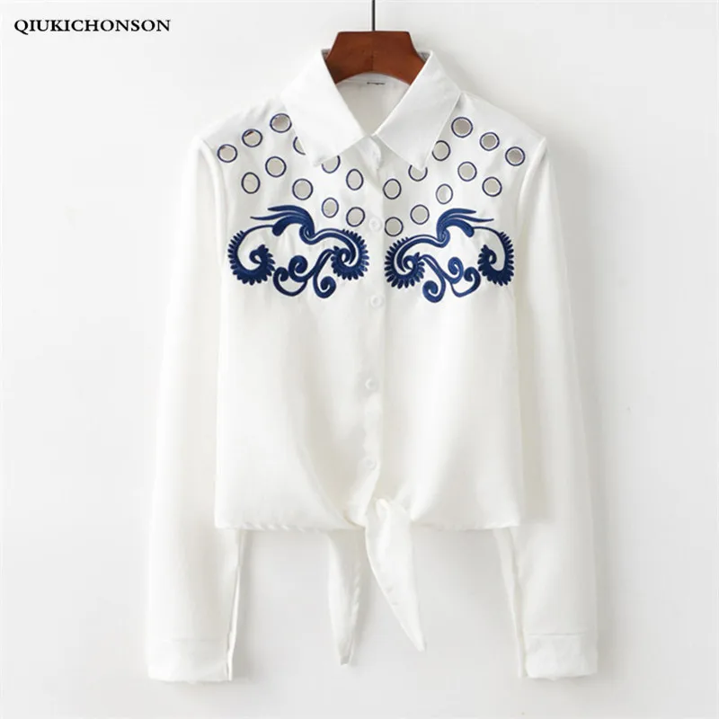 

Women Long Sleeve Shirt 2018 Spring Summer Crop Tops Ladies Bow Knot Lace Up Hollow Out Embroidery White Shirts Blouses