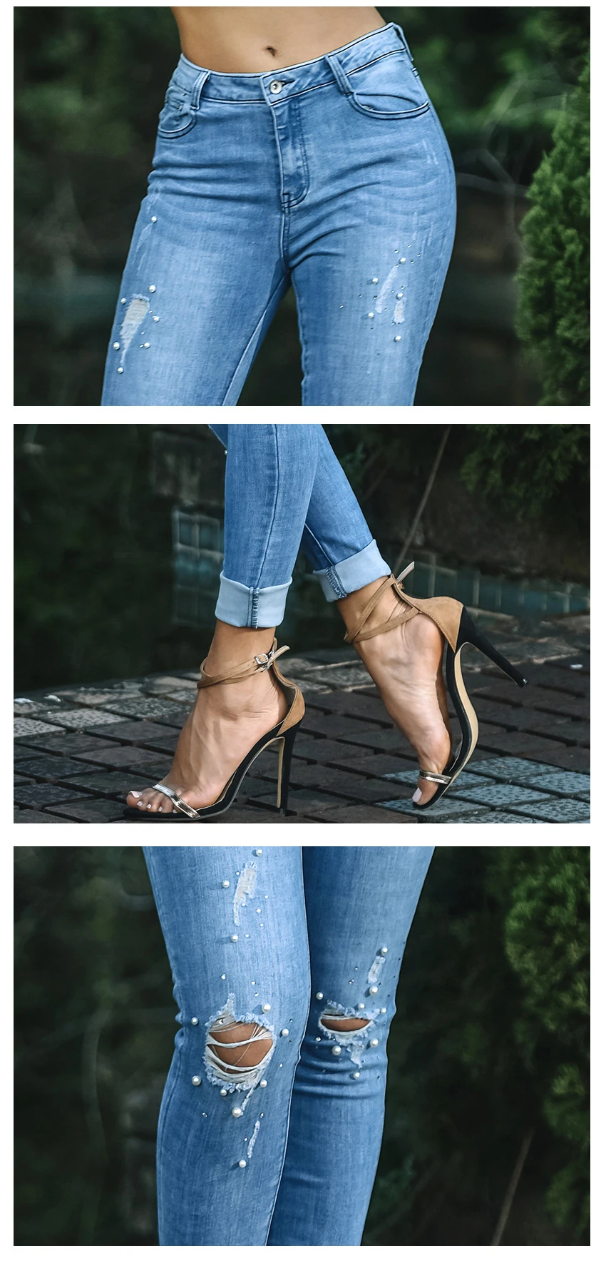 European and American women's wear high-waisted stretch pearl inlays irregularly worn holes wash cat whisker denim trousers (10)
