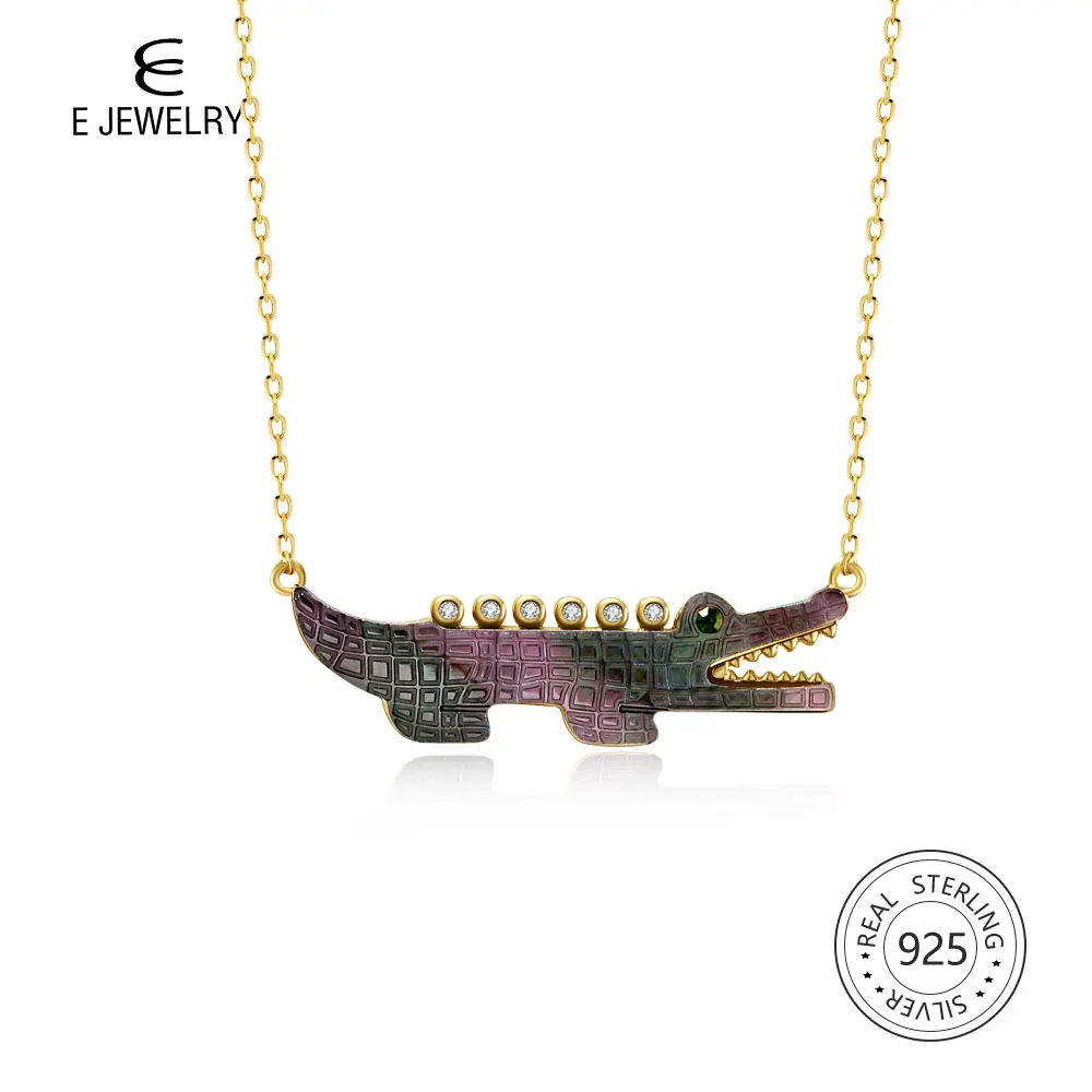 

E Jewelry Black Shell Crocodile 925 Sterling Silver Pendant Necklace for Women 18K Gold Plated Zircon Animal Chain Necklaces