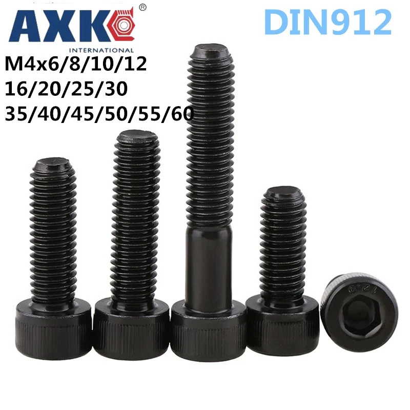 

AXK 50pcs/lot DIN912 Hex Socket Head Cap Screw M4*6/8/10/12/16/20/25/30/35/40/45/50/55/60mm Alloy Steel M4 black screws bolts