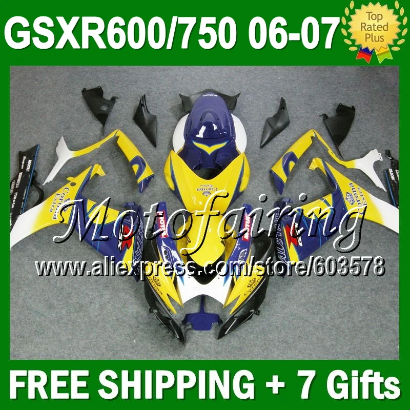 

7gifts+Cowl For SUZUKI 06 07 K6 GSXR600 CORONA GSX-R750 L#10547 GSX-R600 2006 2007 GSXR750 blue yellow CORONA Fairings Kits