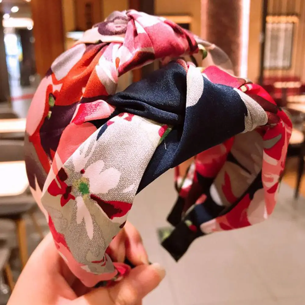 

Fashion Women Flower Print Crossed Hair Hoop Wide Satin Headband Party Headwear