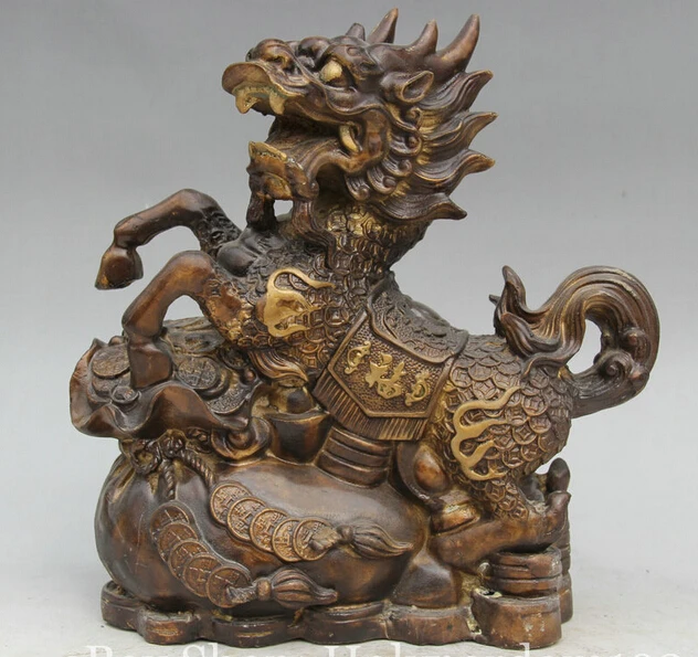 

11 Chinese Folk Bronze Wealth Dragon Kylin Beast Money Bag Statue Sculpture R0710