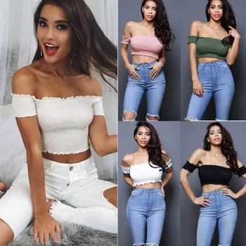 New Fashion Women Sexy Ladies Frill Bardot Off Shoulder Vest Ribbed Short Sleeve Crop Top Tube Top pearl embellished frill trim floral top