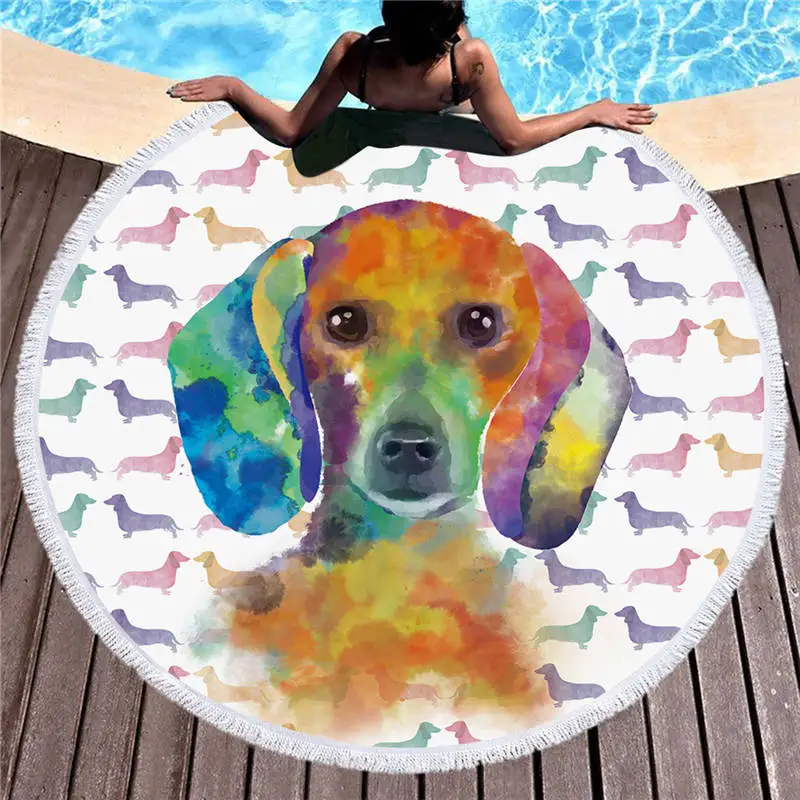 Постельное белье Outlet такса круглое пляжное полотенце детская мультяшная микрофибра банное полотенце с кисточками Акварельная собака большой коврик 150 см - Цвет: 1