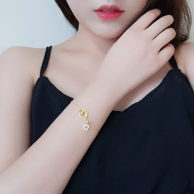 

Real 925 Sterling Silver Zircon Cute Heart Pendant Bracelet Romantic Fine Jewelry Gold Color For Women Wedding Party Gift E897