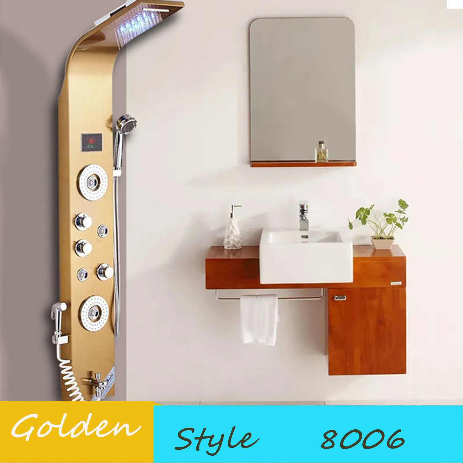 Gold 8006 SHBSHAIMY Mlticolored дождь водопад светодиодный душ панель настенный с биде спарер и цифровой дисплей горячей и холодной смесители - Цвет: Gold 8006