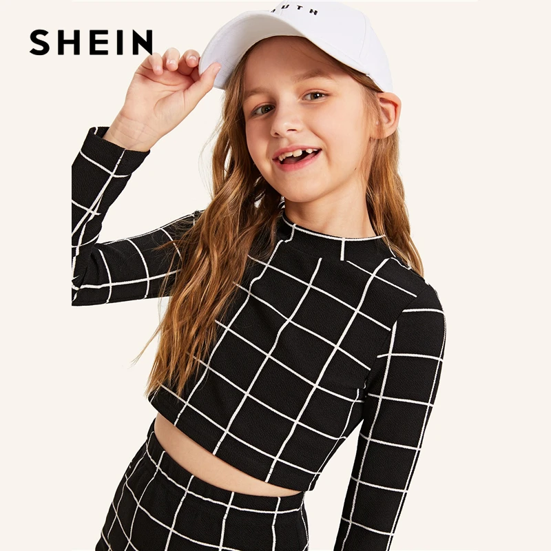 Goede SHEIN Kiddie Meisjes Stand Kraag Zwarte Plaid Crop Top Met Rok Casual Pak Set Kids 2019 Herfst Lange Mouwen Skinny outfits