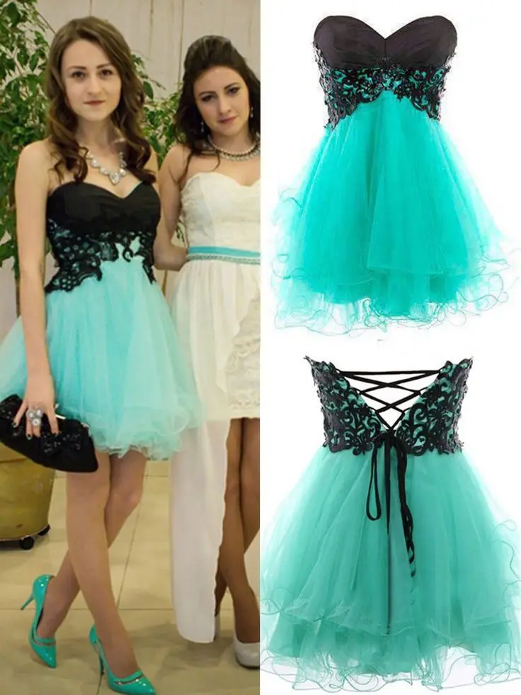 

Black and Turquoise Blue Short Prom Dresses Sweetheart Lace up Back Short Party Dresses