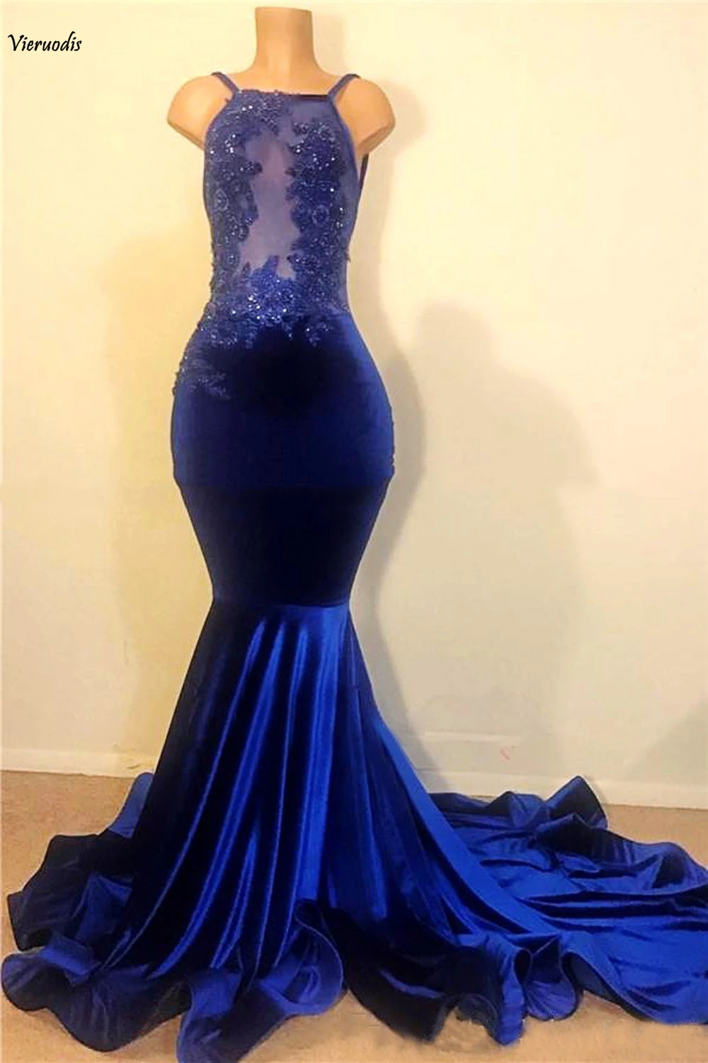117-1           Azul real de vestidos largos de baile 2019 Spaghetti Correa sirena sin respaldo ilusión con cuentas de encaje Africana vestido Formal vestido de noche