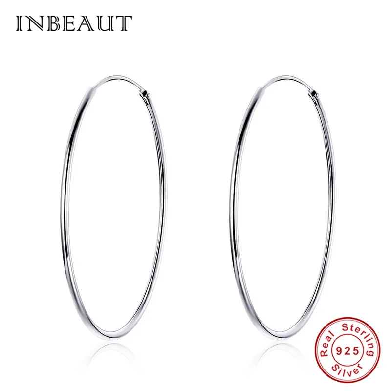 

INBEAUT 100% Real 925 Sterling Silver Big Round Hoop Earrings for Women New Trendy Silver Simple Party Earrings Teen Girls