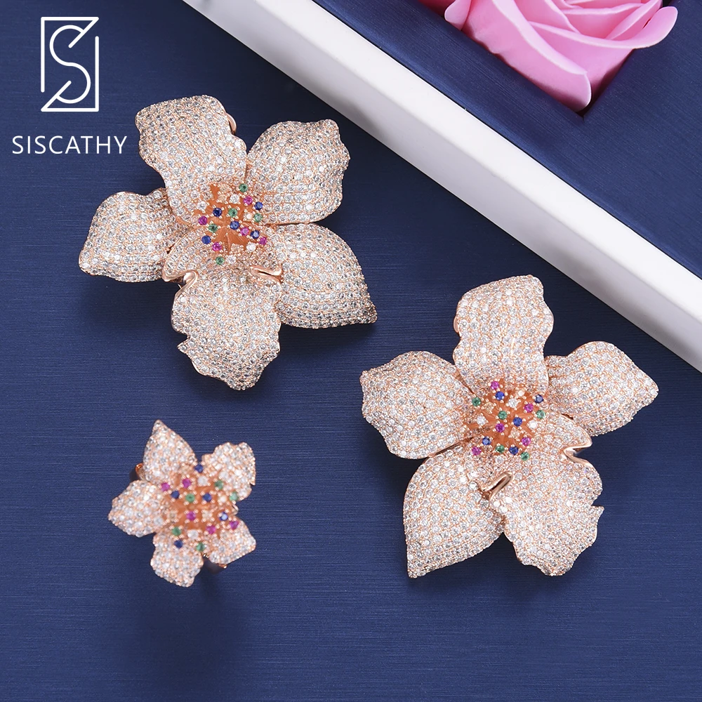 

Fashion Women Wedding Jewelry Sets Big Flower Shape Full Cubic Zirconia Stud Earrings Resizable Ring Jewelry Sets
