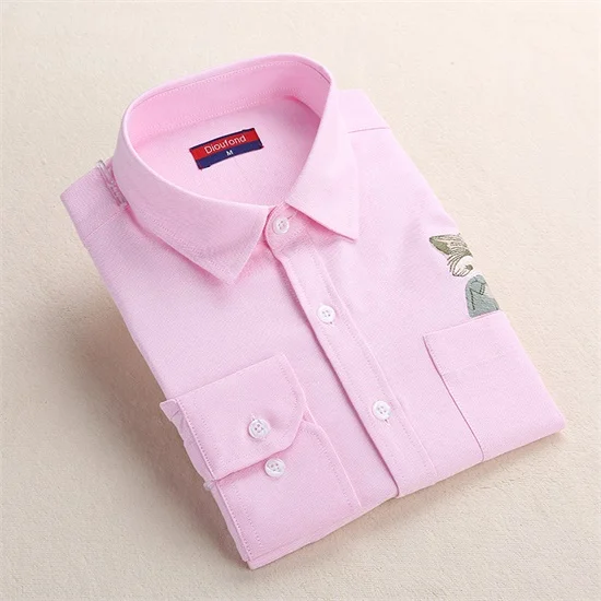 Dioufond, женская рубашка с вышивкой, кошка, школьные блузки, офисные женские топы, женские блузы размера плюс, вышитые рубашки для работы, осень - Цвет: PinkEfox