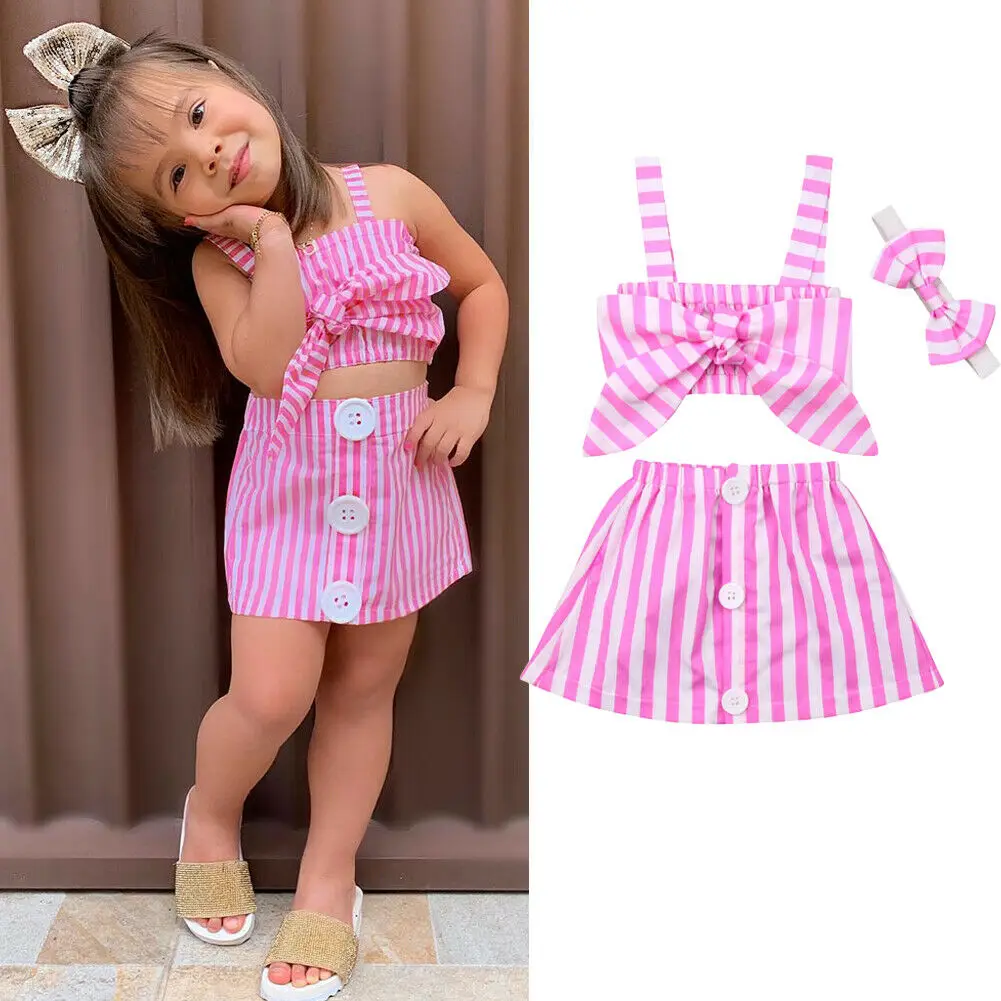 

2019 Toddler Baby Girls 3 PCS Set Sleeveless Halter Crop Top Vest T-Shirt Button Striped A-Line Skirt Headband Outfits Set 6M-3T