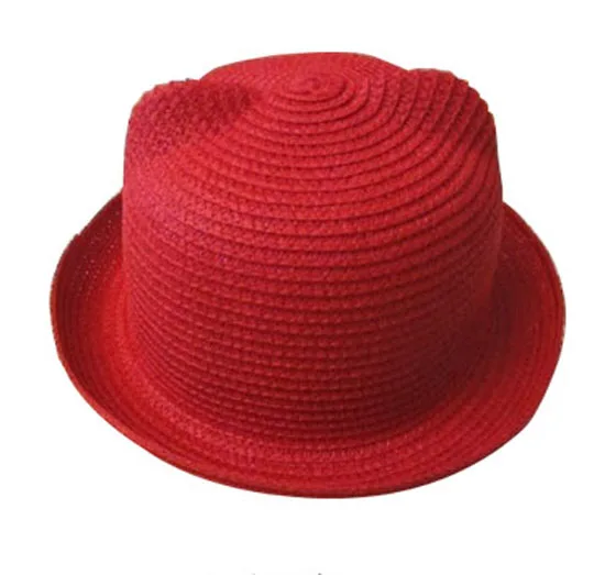 LUCKYLIANJI для женщин лето осень пляжные повседневные шляпы обувь для девочек складной соломы прекрасный кот уха кепки шляпа Боулер Дерби федоры один размер 57 см - Цвет: Красный