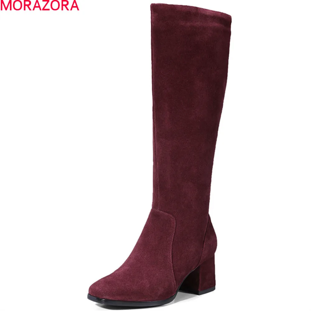 Kopen MORAZORA 2018 fashion vrouwen laarzen vierkante neus rits koe suede laarzen vierkante hak lederen knie hoge laarzen zwart wijn rood