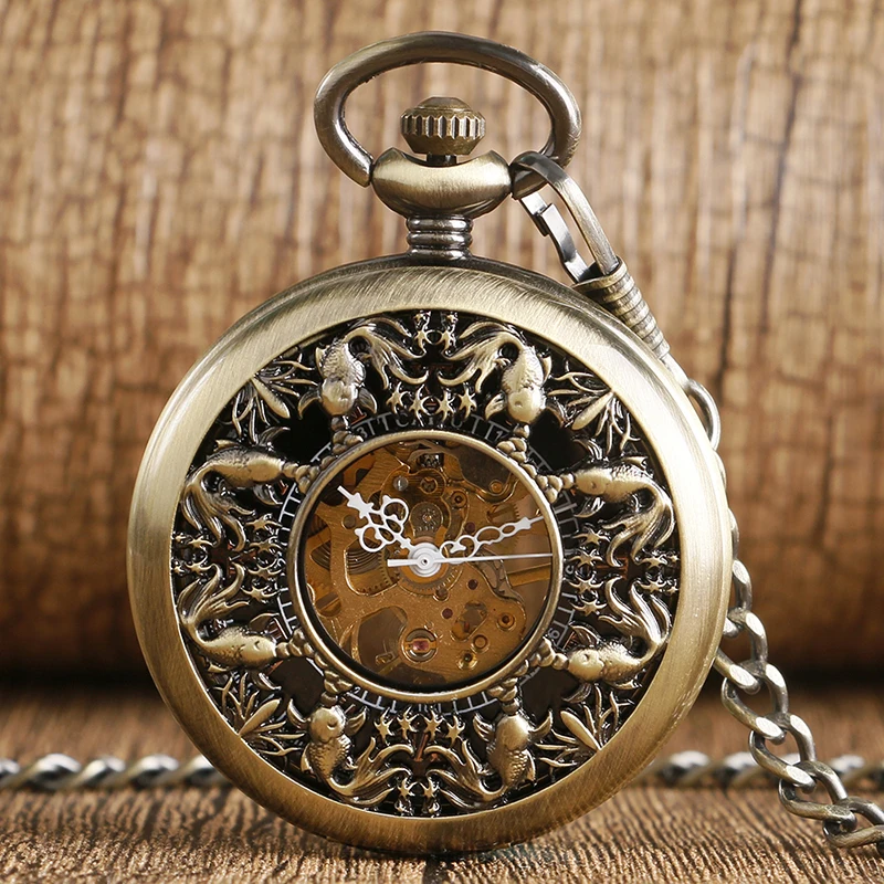 

Bronze Exquisite Carving Men Pocket Watch 2016 Mechanical Hand Wind Hollow Watches With Chain Women Clock Gift