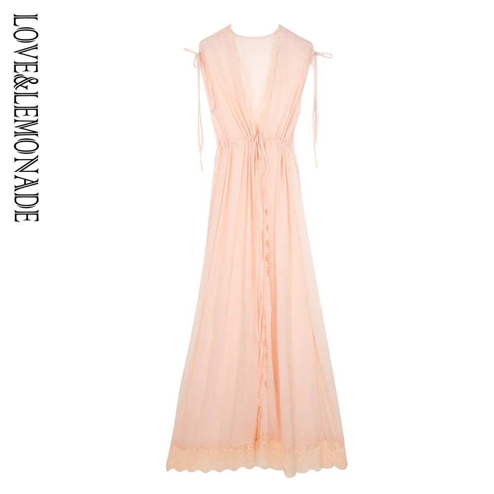 

Love&Lemonade Pink Lace Trim Chiffon Bandage Chiffon Coat LM1115
