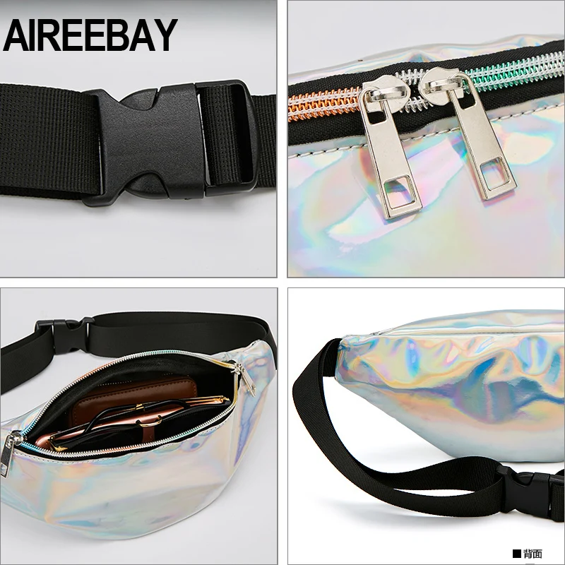 AIREEBAY Женская поясная сумка с голограммой Синяя лазерная нагрудная Серебристая