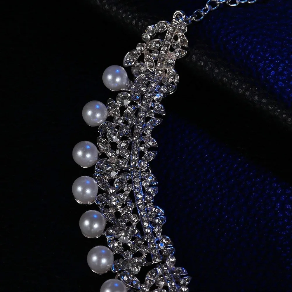 Frcolor Wedding Pearl Crown Tiara Flower Rhinestone Crystal Neckalce and Earrings Bridal Jewelry Sets (3)