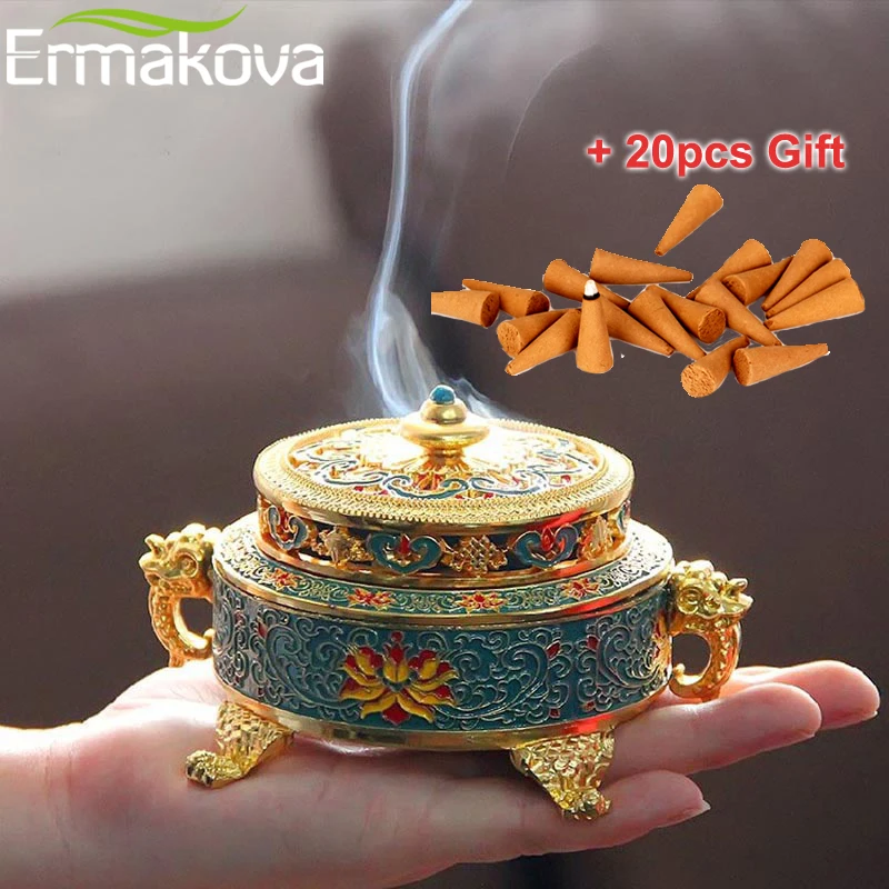 

ERMAKOVA Incense Burner Holder Metal Tibetan Style Painted Enamel Zinc Alloy Coil Incense Crafts Home Office Decoration Gift