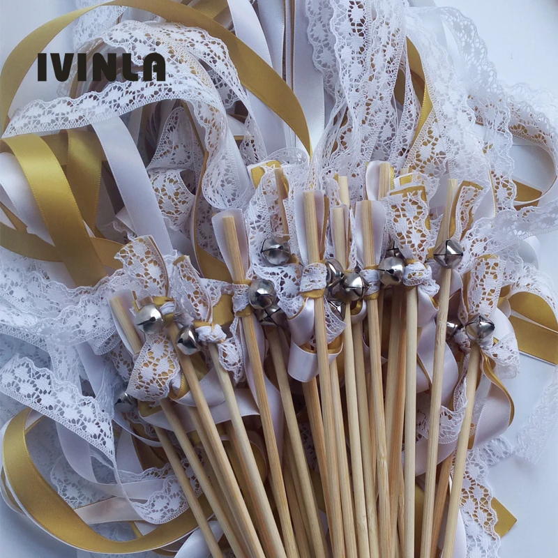 

Hot selling 50pcs/lot gold +white + lace wedding Ribbon Wands stick Confetti Stream with big sliver Bells for wedding party