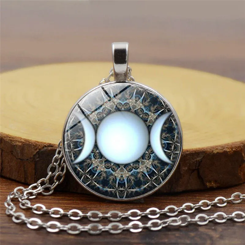 Goddess Sacred Geometry Cabochon Glass Tibet Silver Chain Pendant Necklace