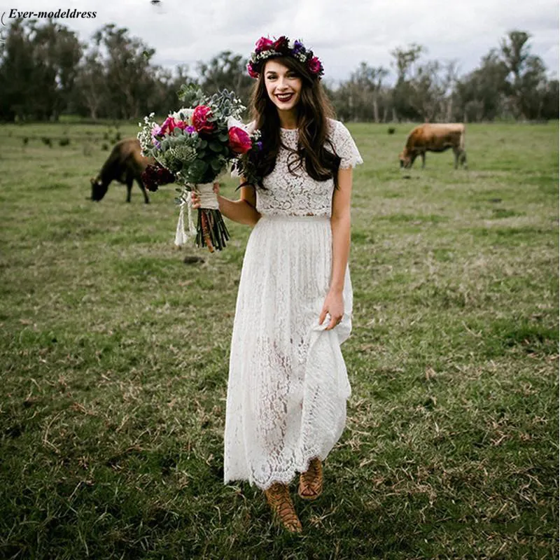 

Chic Lace Two Pieces Country Wedding Dresses 2020 Short Sleeves Ankle Length Bridal Gowns Bohemian Vestido De Noiva Simples