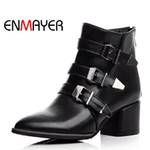 ENMAYER/Модные ботильоны на высоком квадратном каблуке обувь для верховой езды женские ботинки с острым носком и пряжкой, цвет черный, серый