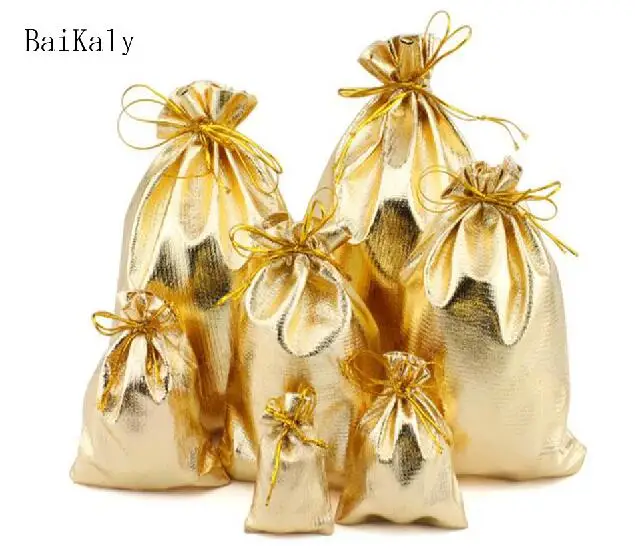 100 шт./лот 5x7 7x9 9x12 10x15 см Золотой/Серебряный Цвет сумка с длинным ремешком из органзы рождественские свадебные подарочные мешочки для упаковки ювелирных изделий, сумки