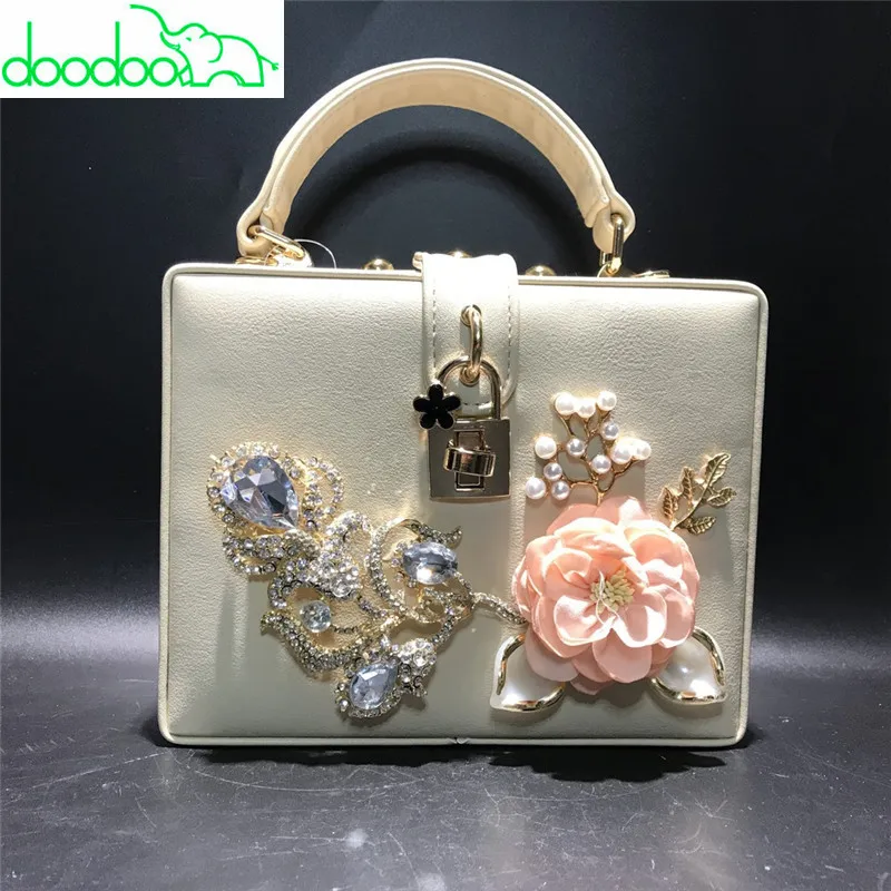 

Luxury Fashion Evening Clutch Bag Chain Lock Shoulder Messenger Bag Genuine Leather Three-dimensional Flower Handbag Sac A Main