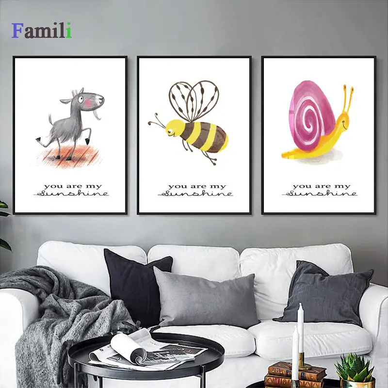 

Cartoon Animal Bee Snail Painting Nordic Style Kids Room Decor Wall Pictures Baby Girl Nursery Wall Art Canvas Poster kinderkame