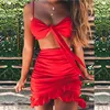 Nadafair Two Pieces Set Women Ruffles Bow Casual Beach Summer Dress Red Off Shoulder Sexy Club Bodycon Wrap Mini Party Dress ► Photo 1/6