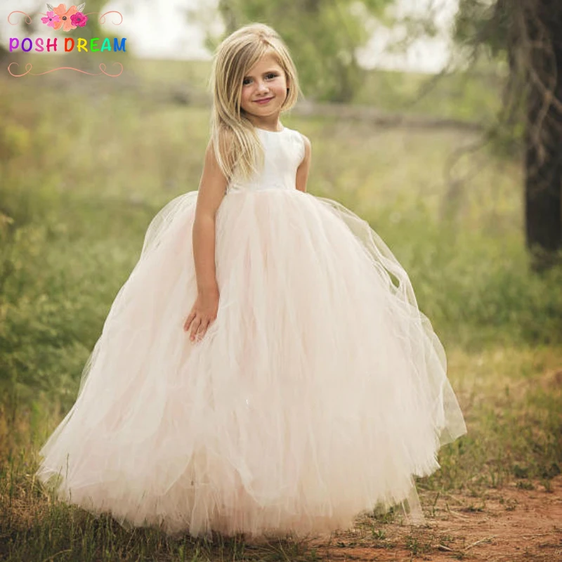 

POSH DREAM Ivory Blush Pink Flower Kids Girl Tutu Dress Soft Satin Top Tulle Children Kids Girl Wedding Clothes Flower Dresses