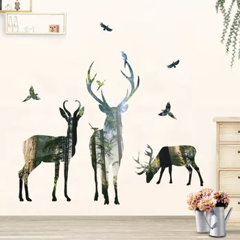 

3D Deer Silhouette Wall Stickers For Kids Room Home Decor Bedroom Forest Tree Wall Decals Elk Birds Art Mural Poster Wallpaper