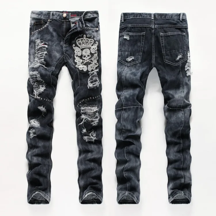 Frazzle Jeans Men Split Joint Straight Slim Denim Pants Black ...