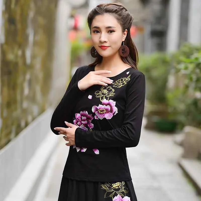 

Traditional Chinese shirt plus size women clothing female ethnic v neck long sleeve blue black white rose red blouse tops