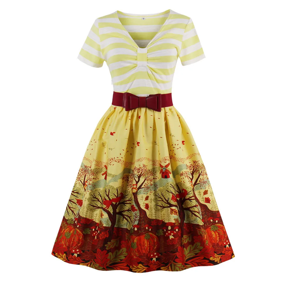 Kostlish 2017 Summer Vintage Dress Women Printed Ball Gown 1950s Retro Dress With Belt V-Neck Casual Ladies Dresses Plus Size (9)