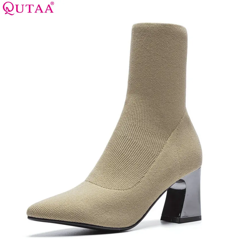 

QUTAA 2019 Women Mid Calf Boots Pointed Toe Knitting Slip on Winter Shoes Square High Heel Women Motorcycle Boots Size 34-39