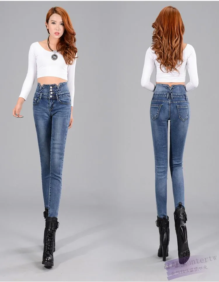 Free shipping 2016 Fashion Plus Size Women High Waist Vintage Button Full Length Elastic Skinny Jeans
