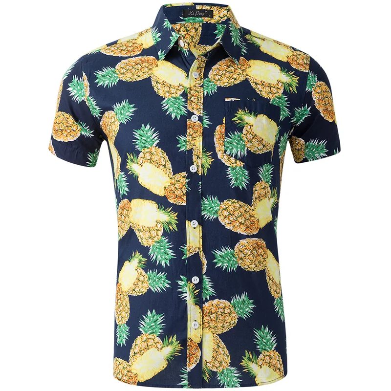 

Fashion Casual Large Size Cotton Printed Short Sleeve Beach Men Shirt Turn-down Collar Boy Shirt Holiday Dress
