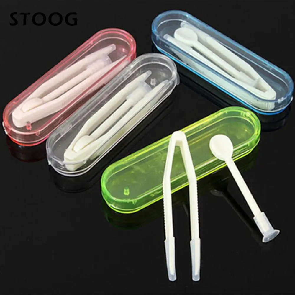 3 Piece Set Contact Lens Inserter Remover Soft Tip Tweezers & Case Hygienic Clear Stick Tool