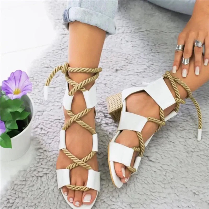 

Women Sandals 2019 New Summer Espadrilles High Square Heel Pointed Fish Mouth Sandals Woman Lace Up Women Platform Sandals