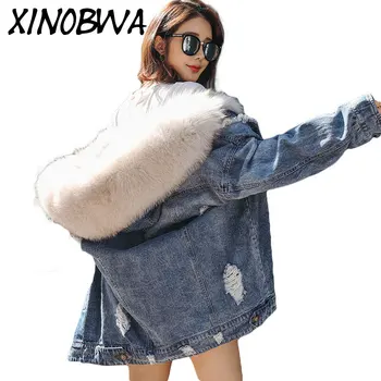 

Women's Winter High Street Fashion Luxurious Real Fox Fur Hooded Denim Thick Coats Female Casual Vintage Fox Fur Liner Jackets