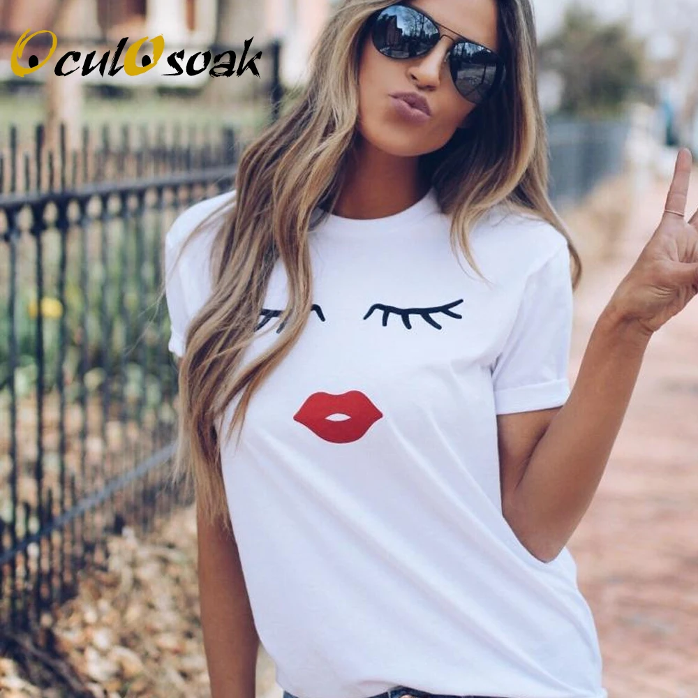 

2019 Pretty and cute Eye Lashes Red Lips Print Women t shirt Summer Casual Short Sleeve O Neck t-shirt Ladies White TShirt Tops