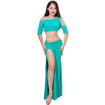 

Bellydance one Shoulder Placketing Sexy Belly dance Long Placketing skirt 2pcs set for women performance wears costume ZM210
