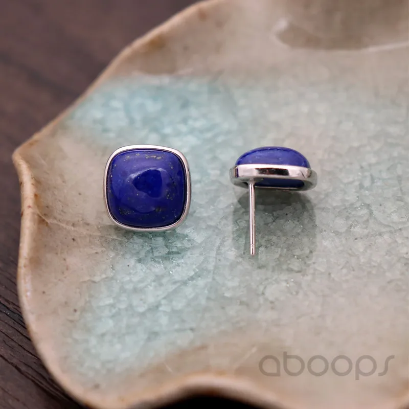 12mm Vintage 925 Sterling Silver Square Lapis Lazuli Stud Earrings for Women Girls Free Shipping Fashion Jewelry