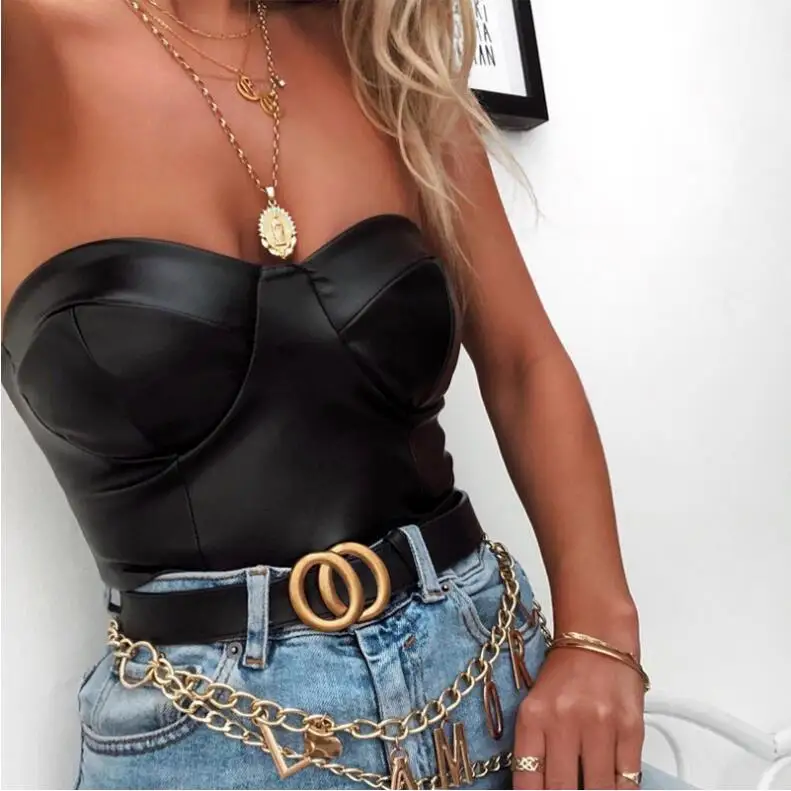 

slash V-neck PU sexy tank top 2019 summer women fashion streetwear party patchwork crop tops