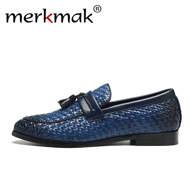 Merkmak Men Leather Loafers Retro Tassel Lozenge Pattern Shoes Slip On Comfortable Casual Male's Flat Footwear Large Size 37-48