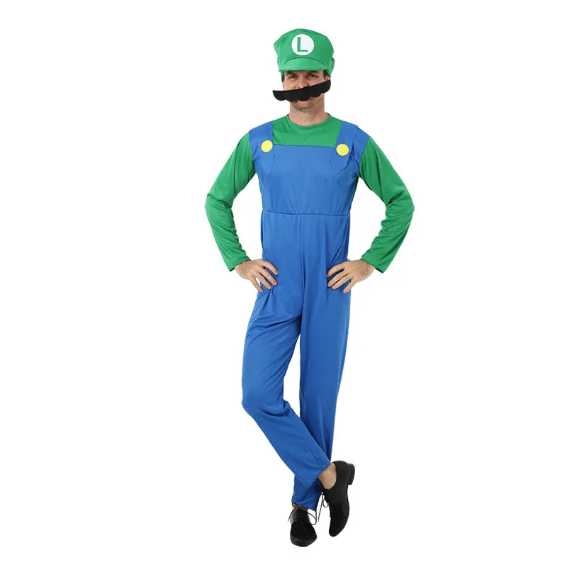 

Adult Mens Kids Luigi Super Mario Brothers Cosplay Costumes With Hat Beard Plumber Halloween Carnival Masquerade Fancy Clothing